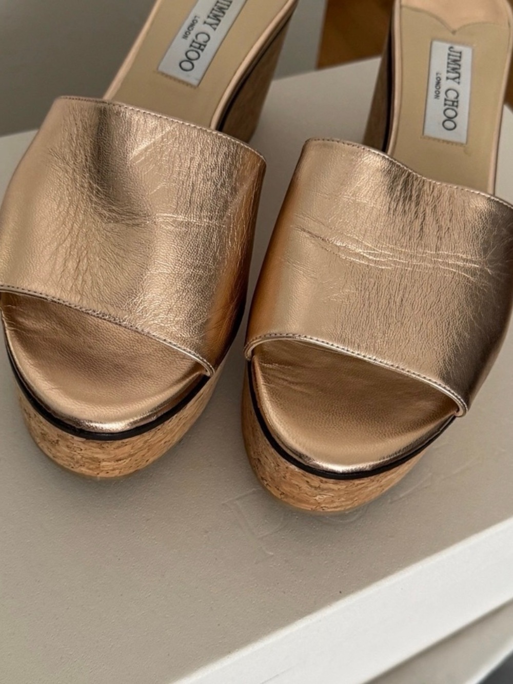 Jimmy Choo Metallic Rose Gold Leather Cork Platform Wedges EU40 US10-9.5